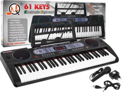 Wielofunkcyjny keyboard dla dzieci z 61 klawiszami, mikrofonem i stojakiem na nuty, model 602, z USB i Bluetooth.