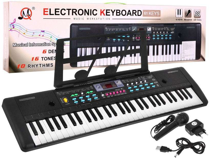 Colorful 61-key children's electronic keyboard with microphone, music stand, LED display, USB and Bluetooth connectivity for ages 5 and up