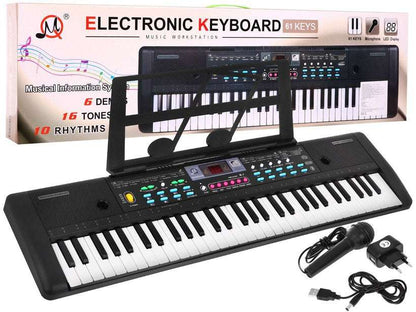 Colorful 61-key children's electronic keyboard with microphone, music stand, LED display, USB and Bluetooth connectivity for ages 5 and up