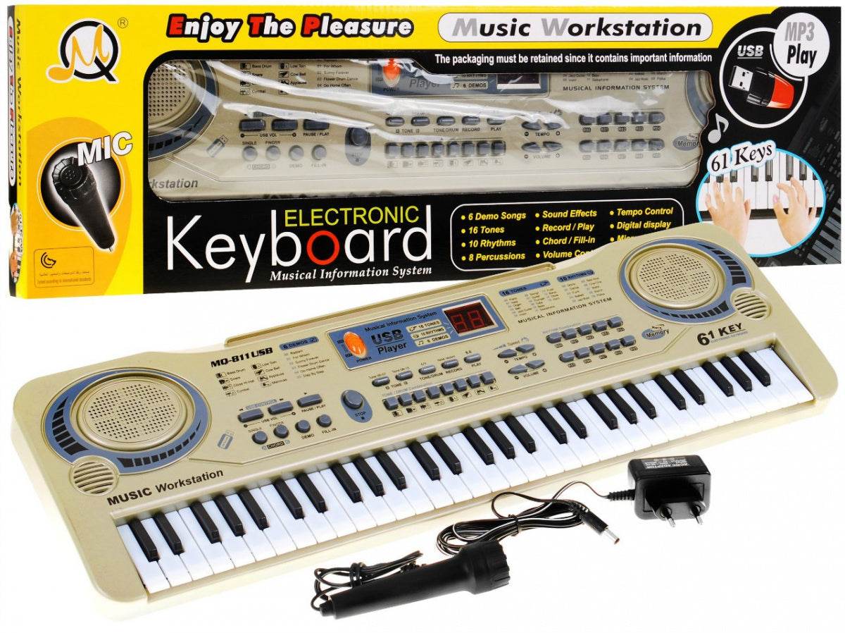 Beżowy keyboard dla dzieci z 61 klawiszami, mikrofonem, nagrywaniem i USB MP3 do nauki muzyki