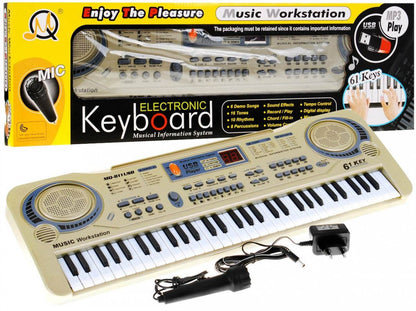 Beżowy keyboard dla dzieci z 61 klawiszami, mikrofonem, nagrywaniem i USB MP3 do nauki muzyki