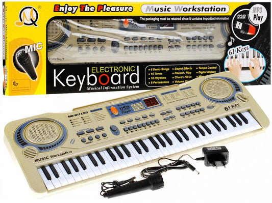 Beżowy keyboard dla dzieci z 61 klawiszami, mikrofonem, nagrywaniem i USB MP3 do nauki muzyki