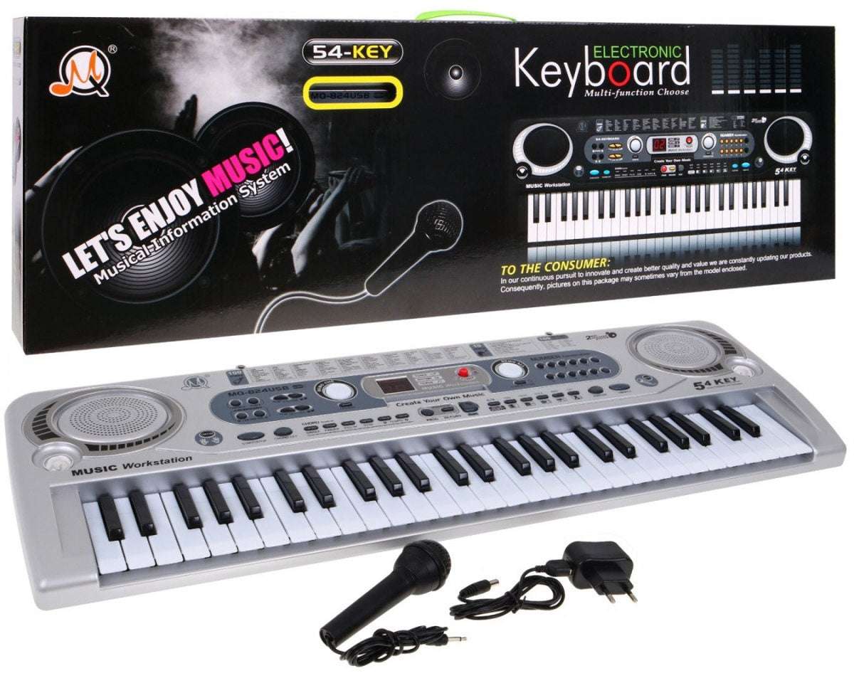 Srebrny Keyboard dla dzieci 5+ z mikrofonem, nagrywaniem USB i 54 klawiszami.