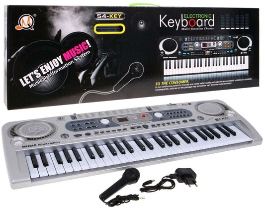 Srebrny Keyboard dla dzieci 5+ z mikrofonem, nagrywaniem USB i 54 klawiszami.