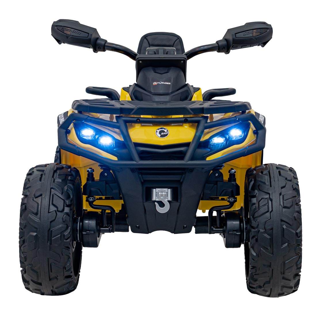 Yellow Can Am Outlander ATV for kids with remote control and LED lights