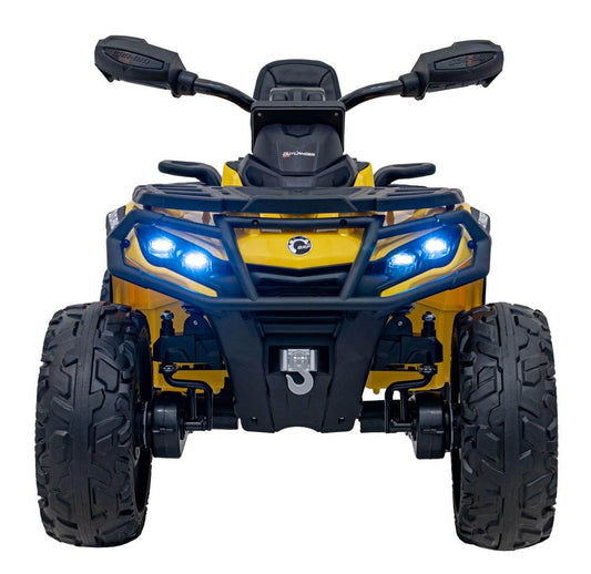 Yellow Can Am Outlander ATV for kids with remote control and LED lights