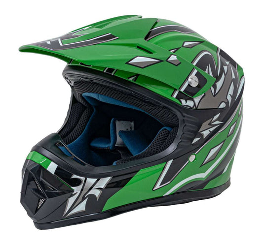 Zielony kask motocyklowy enduro z lekką skorupą ABS i regulowanym daszkiem zapewniający wydajną wentylację.