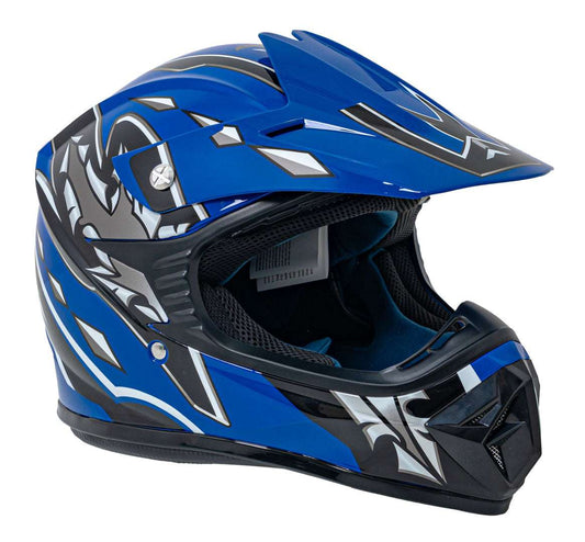 Kask motocyklowy enduro niebieski z wentylacją i regulowanym daszkiem do jazdy terenowej