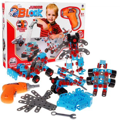 Klocki Konstrukcyjne Dzieci set with electric screwdriver and colorful building pieces for ages 6+