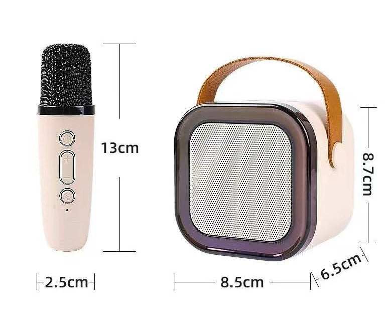 Kompaktowy karaoke zestaw mikrofon i głośnik do domowych występów z wymiarami 13x2,5 cm mikrofon i 8,5x6,5x8,7 cm głośnik