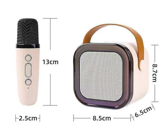 Kompaktowy karaoke zestaw mikrofon i głośnik do domowych występów z wymiarami 13x2,5 cm mikrofon i 8,5x6,5x8,7 cm głośnik