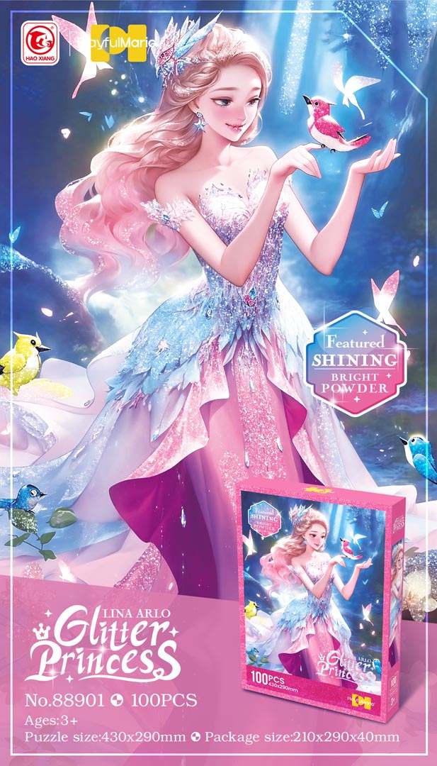 Puzzle Dla Dzieci 100 elementów z różową księżniczką i brokatem, 43x29 cm, rozwijająca zabawa dla dzieci od 3 lat