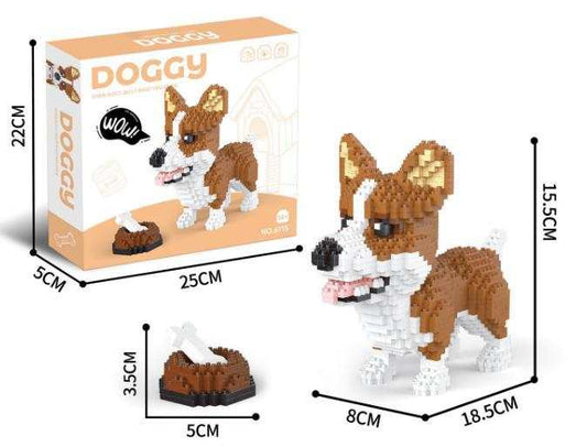 Zestaw Klocków 1200el z realistycznym modelem psa Welsh Corgi i miską z kością, wymiary klocków i pudełka, dla osób od 14 lat.