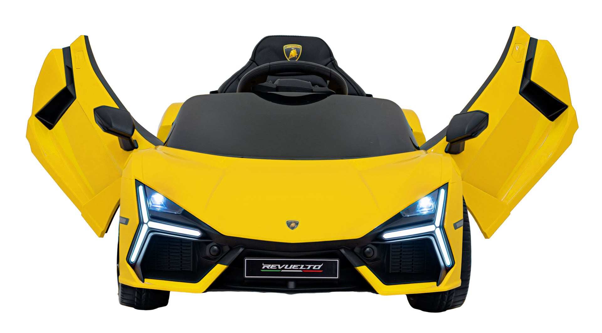 Yellow Lamborghini Revuelto electric kids ride-on car with LED lights and open scissor doors