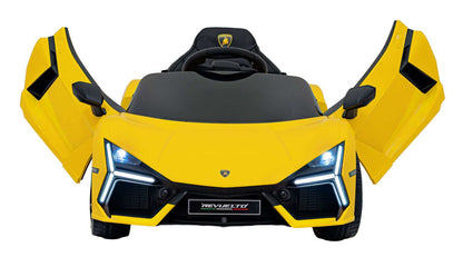 Yellow Lamborghini Revuelto electric kids ride-on car with LED lights and open scissor doors
