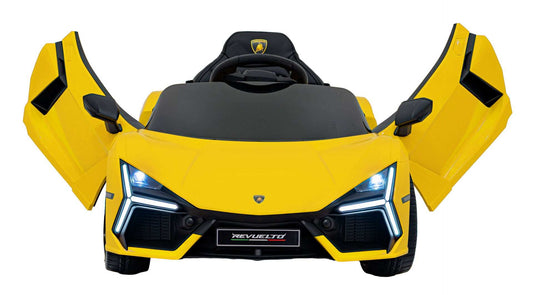 Yellow Lamborghini Revuelto electric kids ride-on car with LED lights and open scissor doors