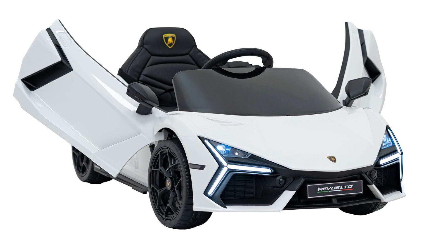 Biały dziecięcy pojazd Lamborghini Revuelto na akumulator z LED i MP3