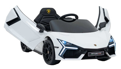 Biały dziecięcy pojazd Lamborghini Revuelto na akumulator z LED i MP3