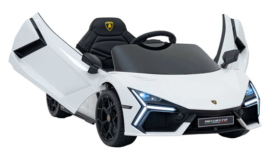 Biały dziecięcy pojazd Lamborghini Revuelto na akumulator z LED i MP3
