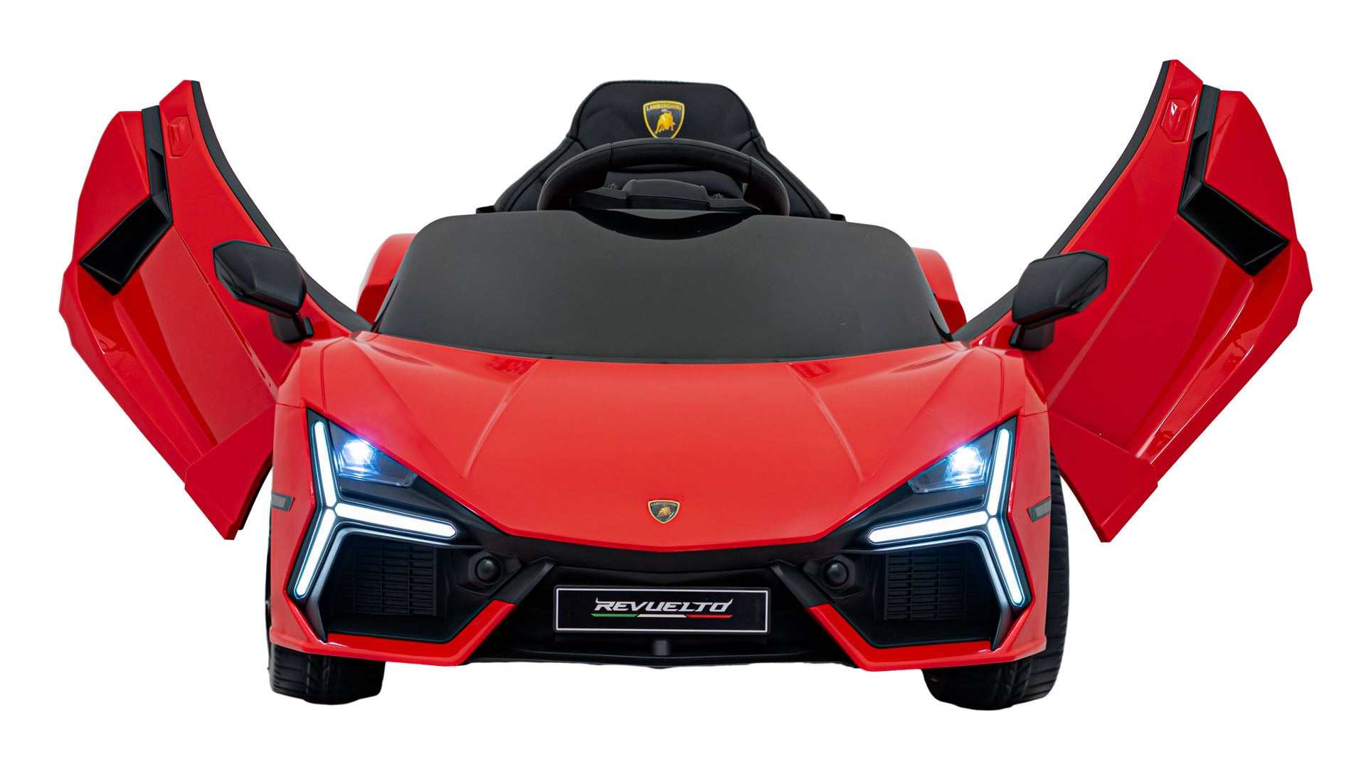 Red Lamborghini Revuelto kids electric ride-on car with LED lights and scissor doors open
