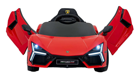 Red Lamborghini Revuelto kids electric ride-on car with LED lights and scissor doors open