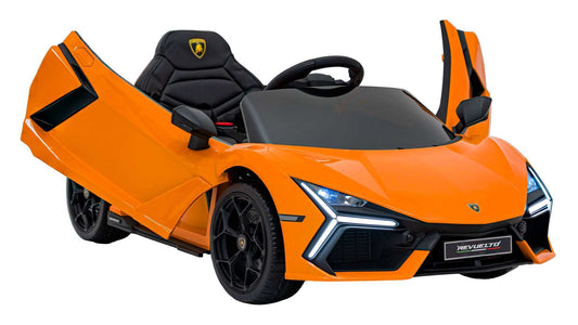 Pojazd Lamborghini Revuelto dla dzieci w intensywnym pomarańczowym kolorze z otwieranymi drzwiami i światłami LED.