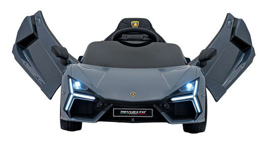 Gray Lamborghini Revuelto electric kids car with LED lights and open scissor doors