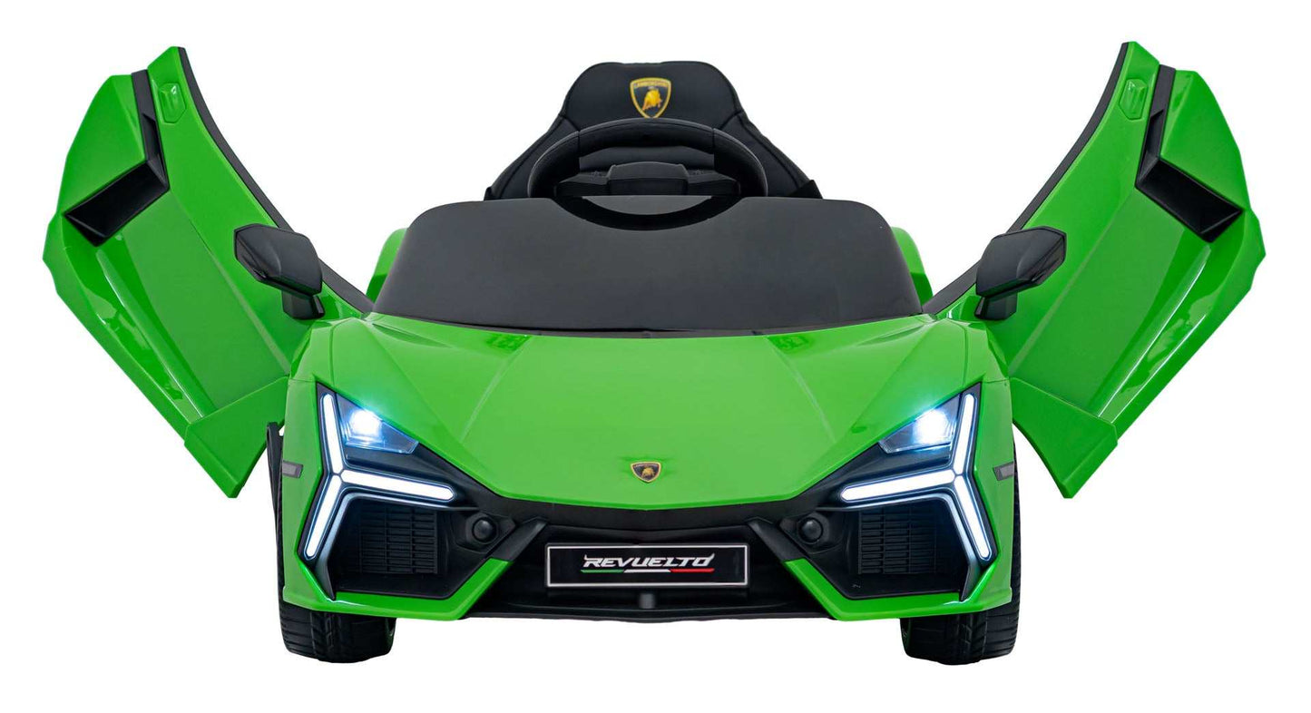 Green Lamborghini Revuelto electric kids car with LED lights and scissor doors open