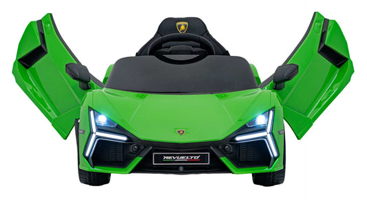 Green Lamborghini Revuelto electric kids car with LED lights and scissor doors open