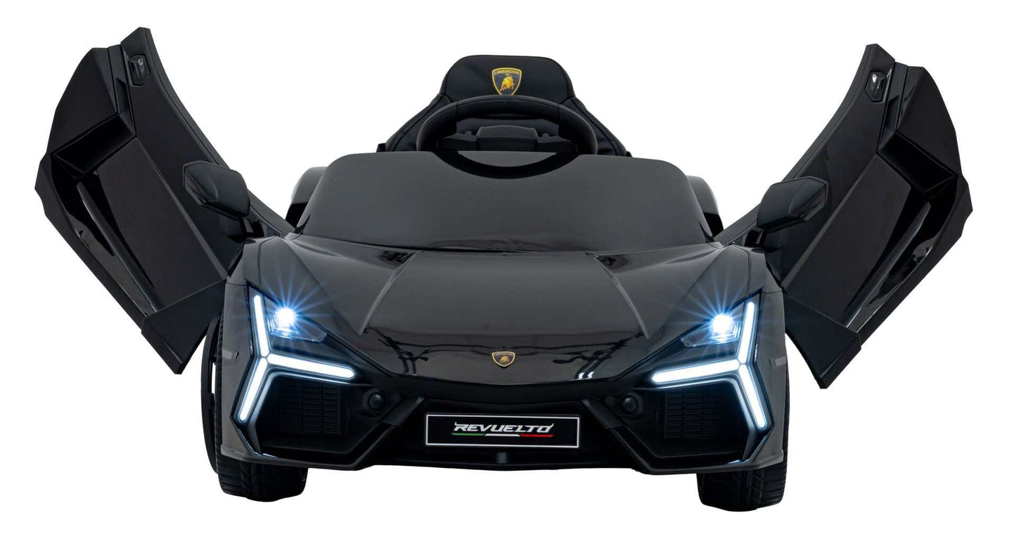 Black Lamborghini Revuelto electric kids car with LED lights and remote control, open scissor doors.