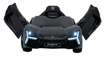 Black Lamborghini Revuelto electric kids car with LED lights and remote control, open scissor doors.