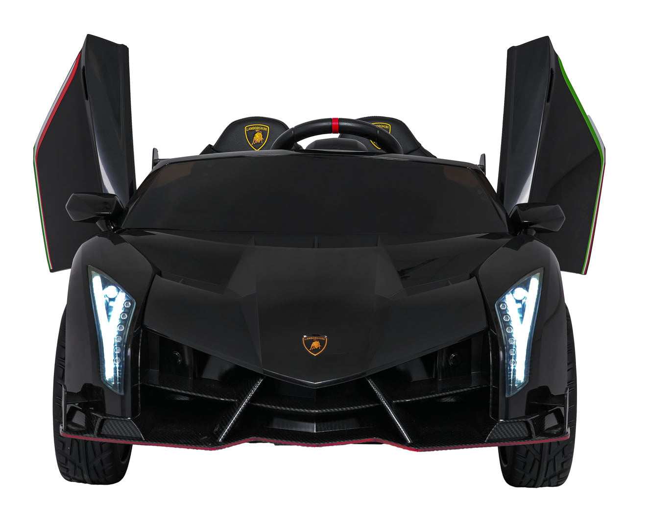 czarny dziecięcy pojazd Lamborghini Veneno z otwieranymi drzwiami i LED światłami
