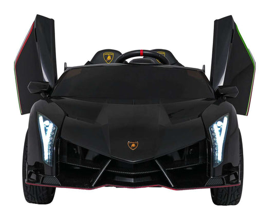 czarny dziecięcy pojazd Lamborghini Veneno z otwieranymi drzwiami i LED światłami