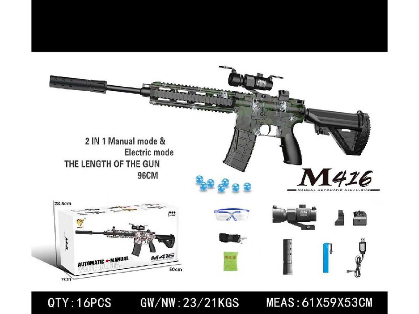 Profesjonalny Karabin M416 na kulki wodne z akcesoriami do zabawy na świeżym powietrzu.