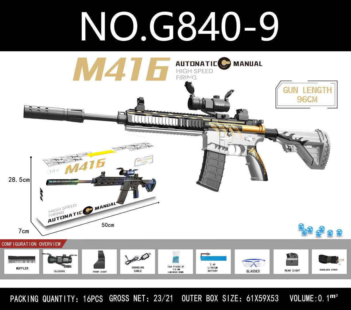 Karabin M416 Szary na kulki wodne z akcesoriami do zabawy na świeżym powietrzu.