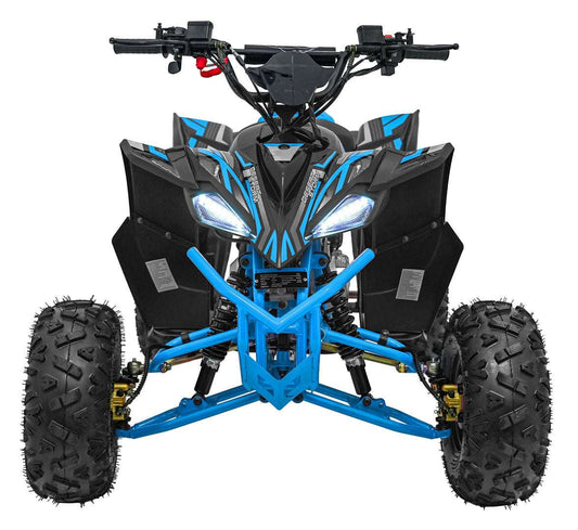 Front view of blue Quad Desert Storm 800W electric youth ATV designed for off-road with durable frame and responsive brushless motor