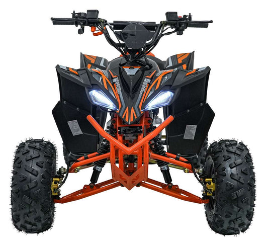 Front view of Quad Desert Storm Lift orange 800W 48V electric kids' quad bike with LED headlights and rugged tires