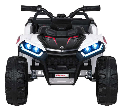 Biały Quad Sport TX ATV dla dzieci z pilotem 2,4 GHz i podwójnym napędem elektrycznym na duże koła offroad.