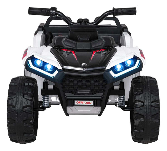 Biały Quad Sport TX ATV dla dzieci z pilotem 2,4 GHz i podwójnym napędem elektrycznym na duże koła offroad.