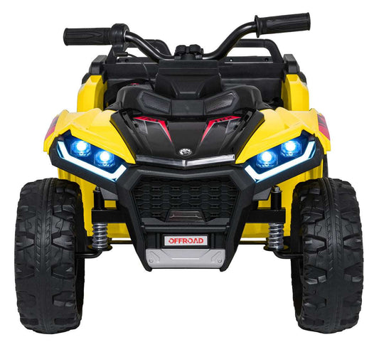 Yellow Quad Sport TX ATV electric ride-on for kids with LED lights, remote control, MP3/Bluetooth, 4x35W motors, and EVA foam tires