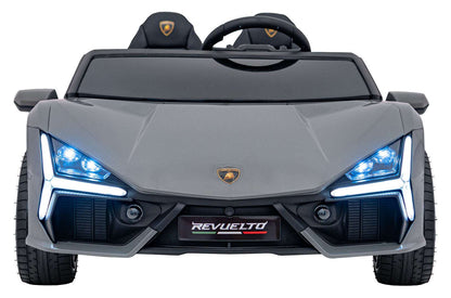 Lamborghini Revuelto XL electric kids car in gray with LED lights and sporty design
