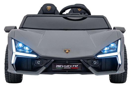 Lamborghini Revuelto XL electric kids car in gray with LED lights and sporty design