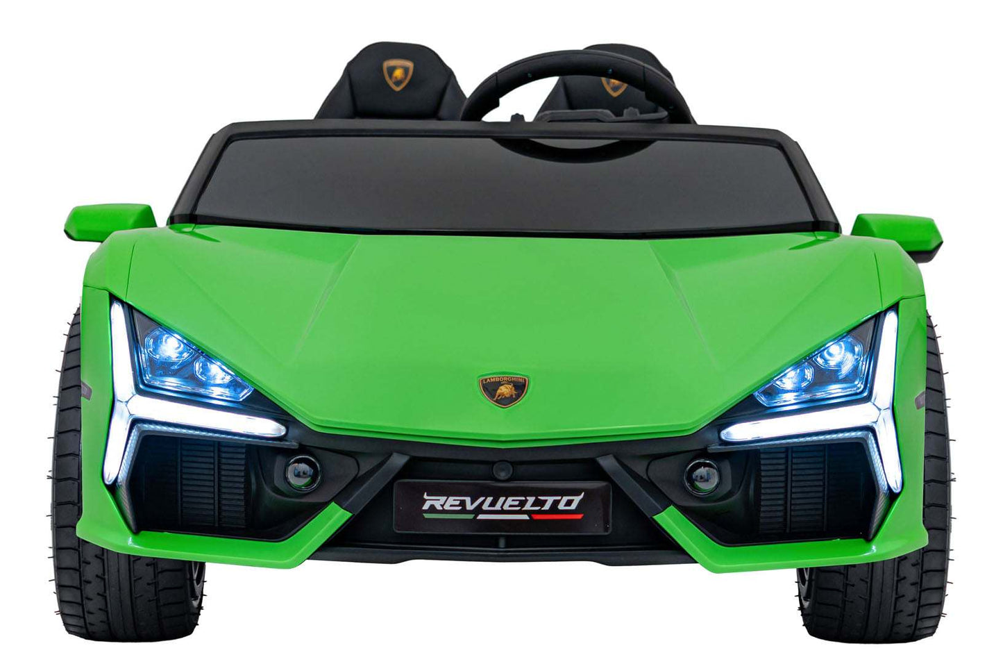 Lamborghini Revuelto XL zielony elektryczny pojazd dla dzieci z LED światłami i ekoskórzanymi fotelami