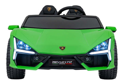 Lamborghini Revuelto XL zielony elektryczny pojazd dla dzieci z LED światłami i ekoskórzanymi fotelami