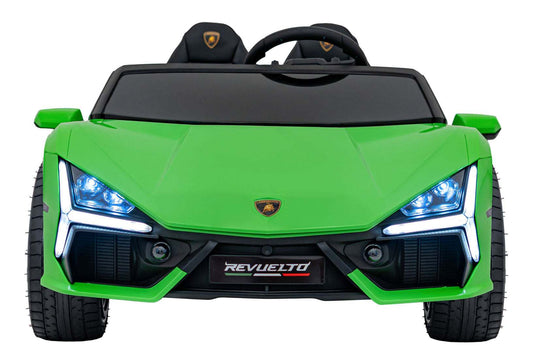 Lamborghini Revuelto XL zielony elektryczny pojazd dla dzieci z LED światłami i ekoskórzanymi fotelami