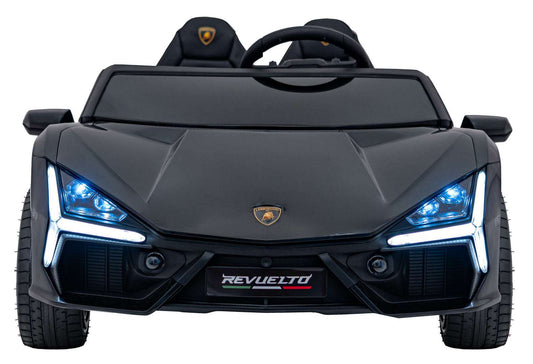 Black Lamborghini Revuelto XL electric ride-on car for kids with LED lights and sporty design