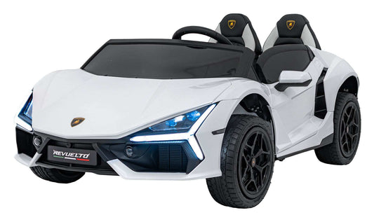 Biały pojazd Lamborghini Revuelto XL STRONG dla dzieci z realistycznym designem i pompowanymi kołami.