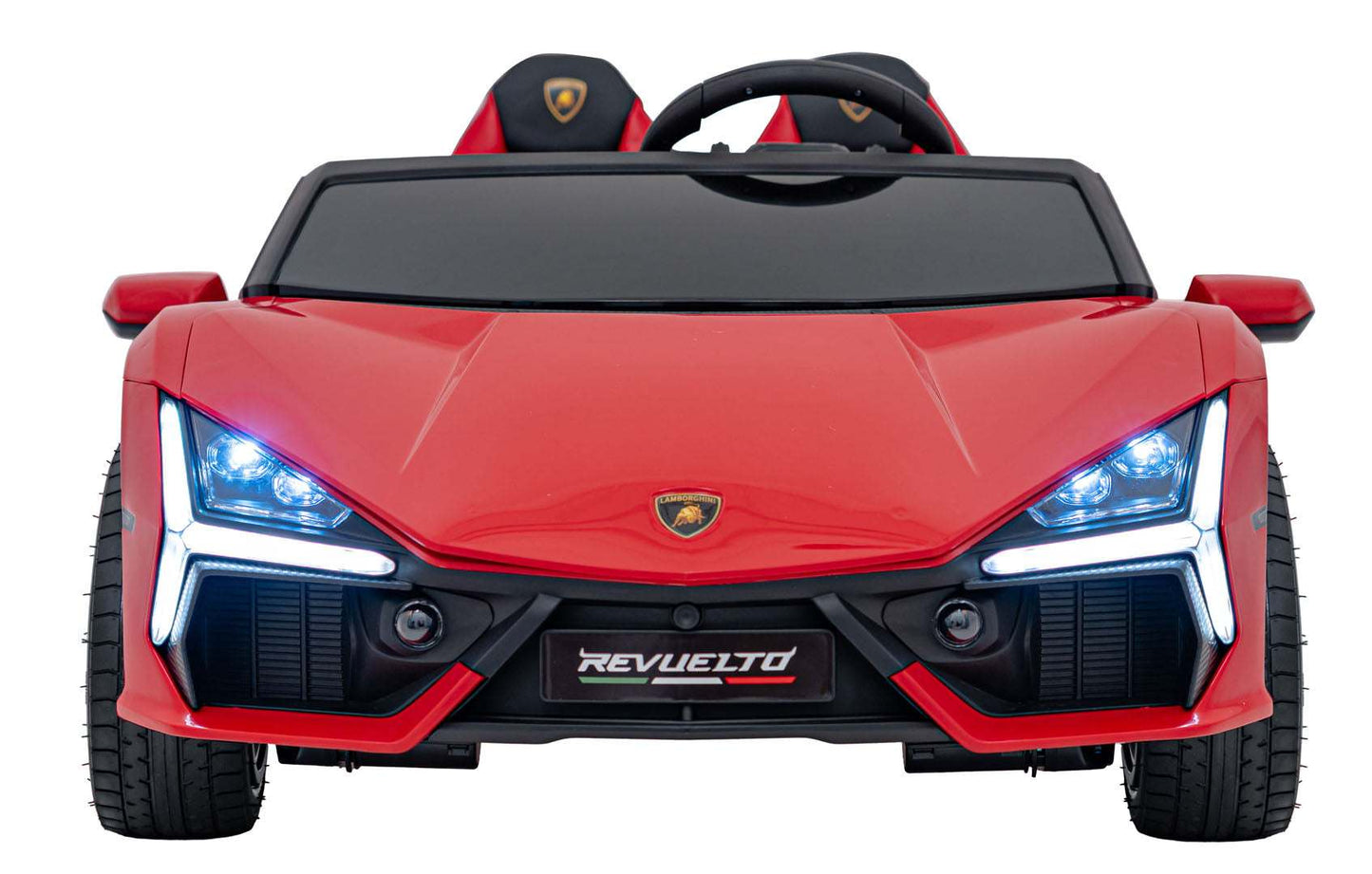 Red Lamborghini Revuelto XL electric kids' ride-on car with LED lights and dual seats