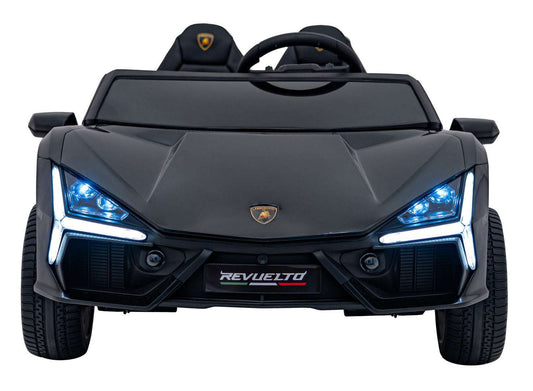 Czarny elektryczny pojazd Lamborghini Revuelto dla dzieci z zdalnym sterowaniem i LED-owymi światłami.