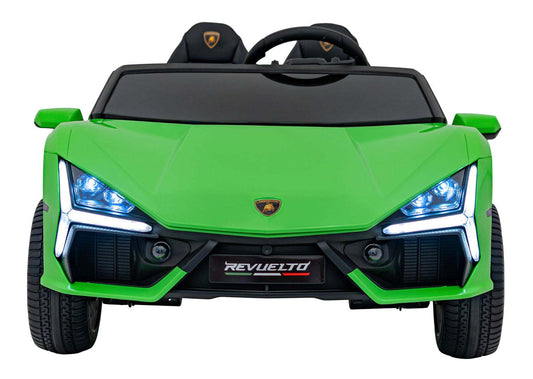 Green Lamborghini Revuelto electric ride-on car for kids with LED lights and remote control